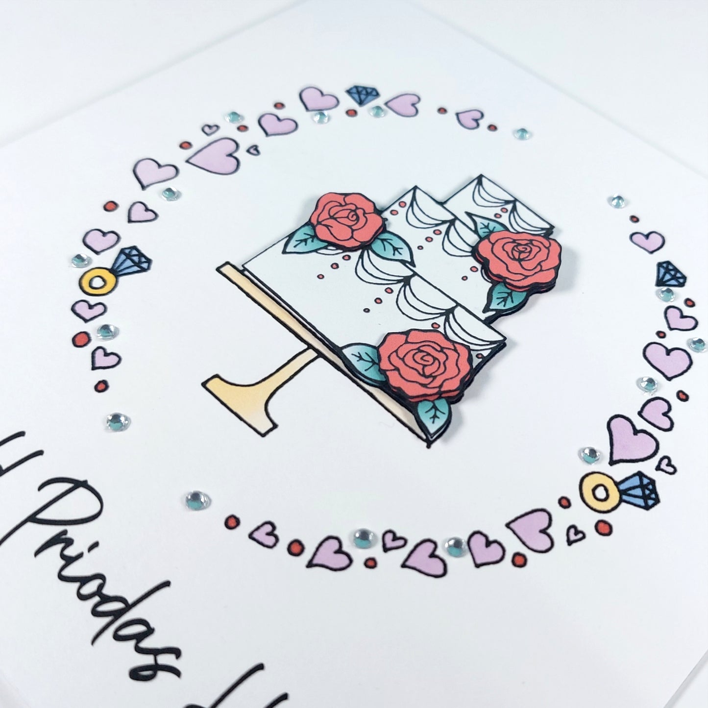Penblwydd Priodas Hapus Card (Anniversary) Cake Pink Roses - Welsh Card