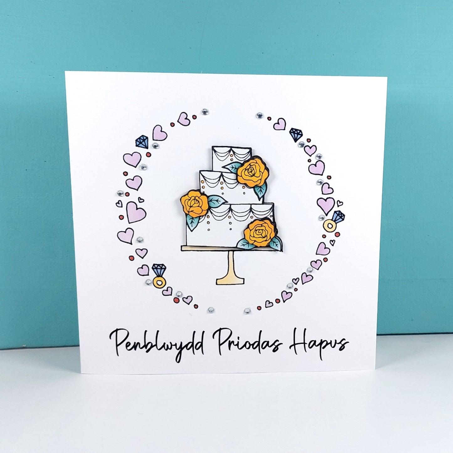 Penblwydd Priodas Hapus Card (Anniversary) Cake Yellow Roses - Welsh Card
