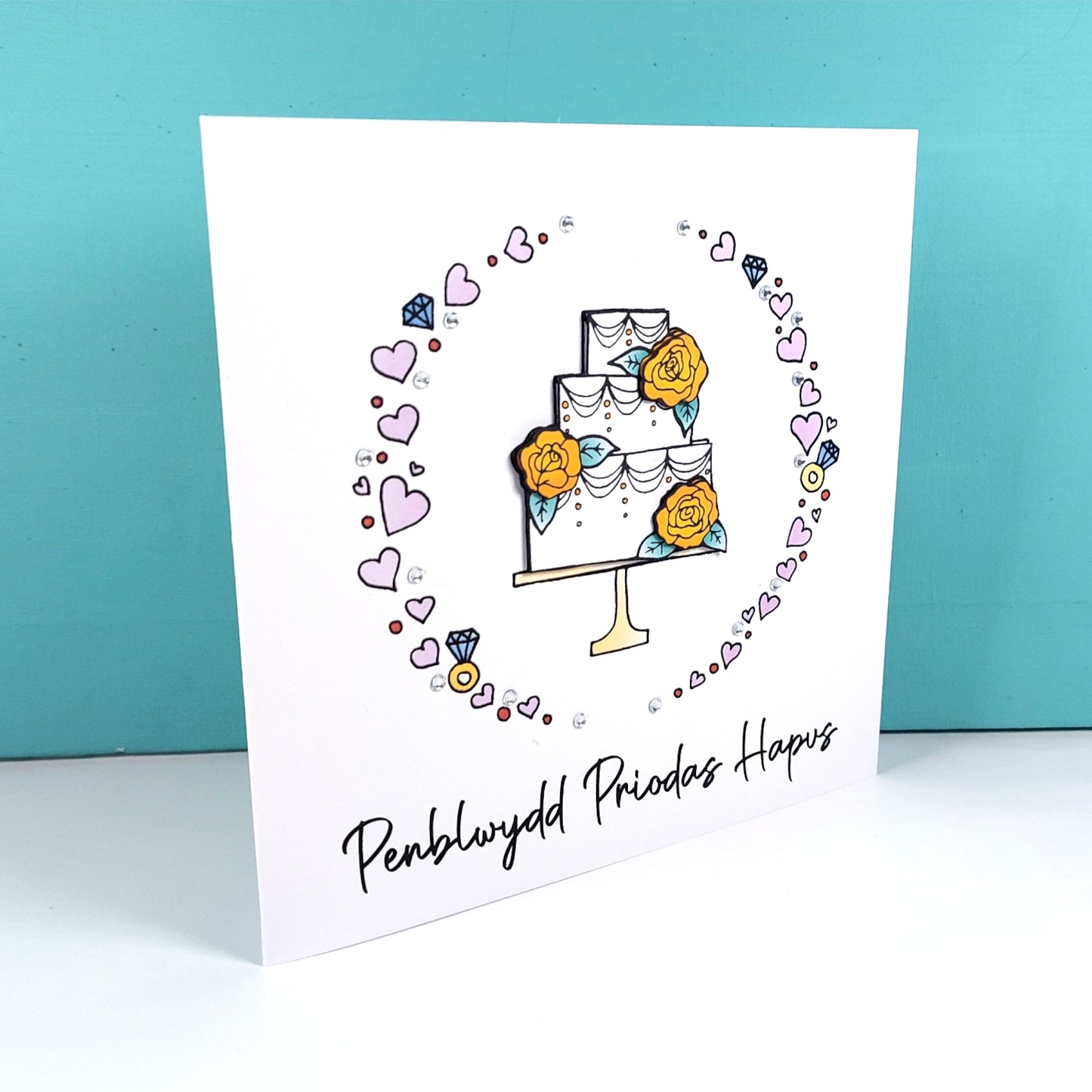 Penblwydd Priodas Hapus Card (Anniversary) Cake Yellow Roses - Welsh Card