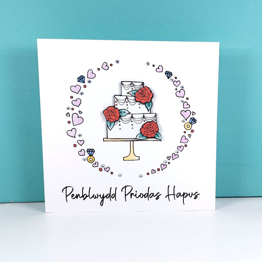 Penblwydd Priodas Hapus Card (Anniversary) Cake Red Roses - Welsh Card