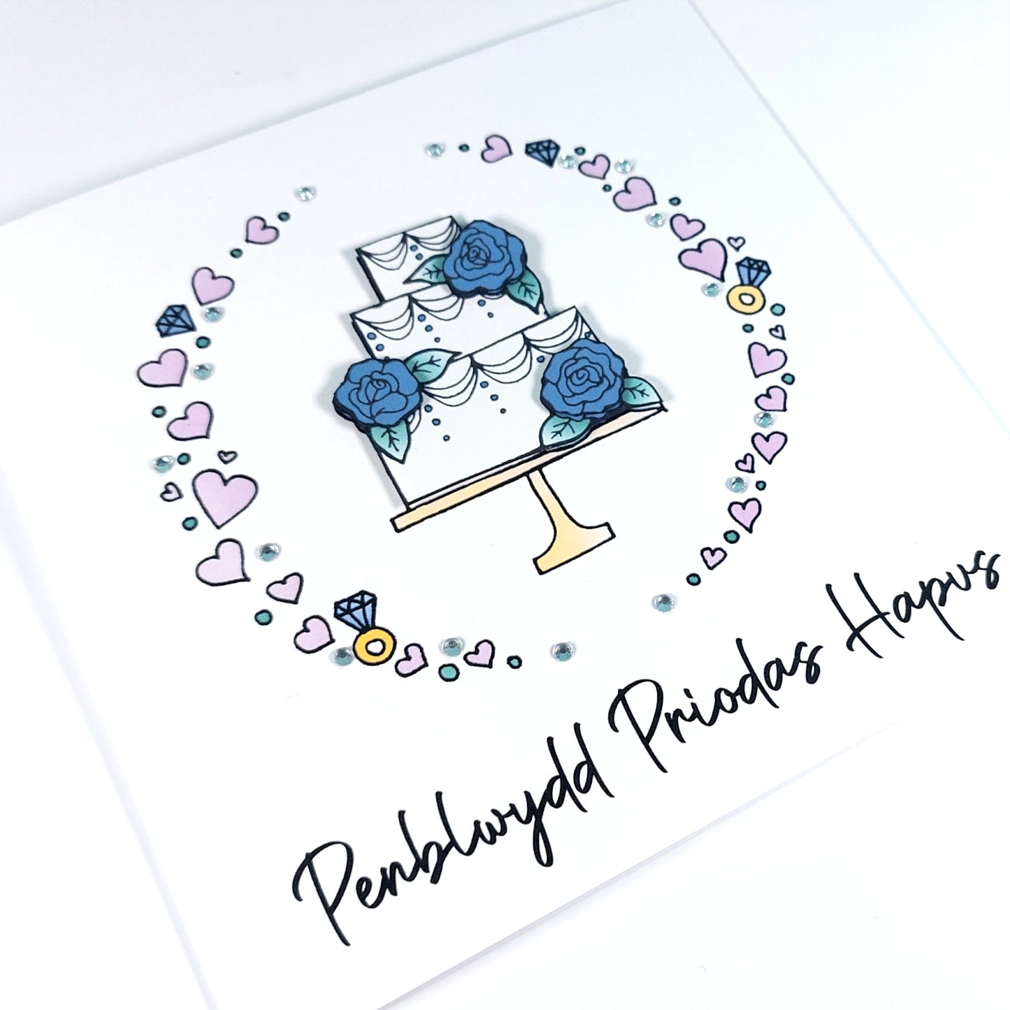 Penblwydd Priodas Hapus Card (Anniversary) Cake Blue Roses - Welsh Card