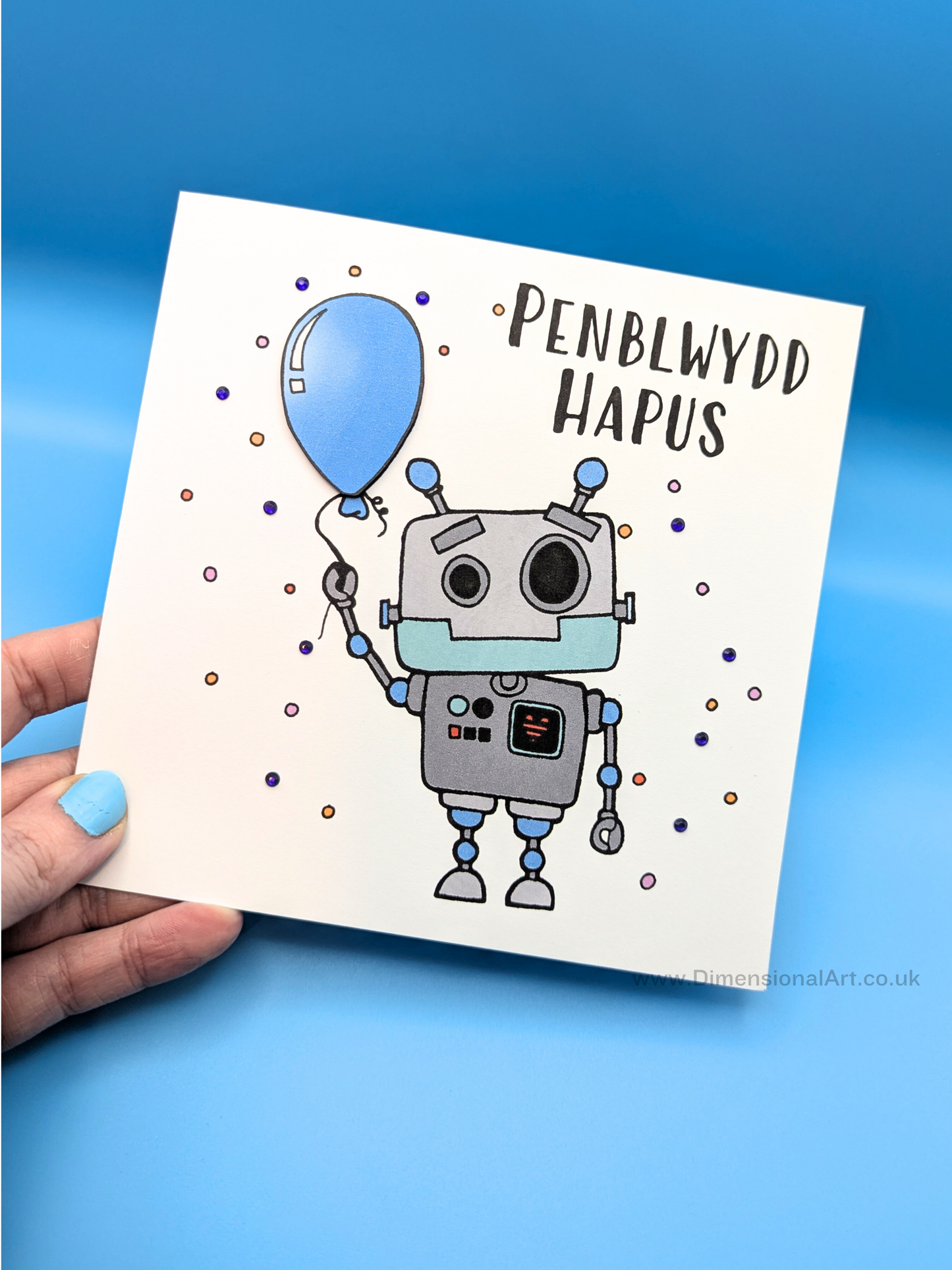 Robot and Balloon Penblwydd (Birthday Card)