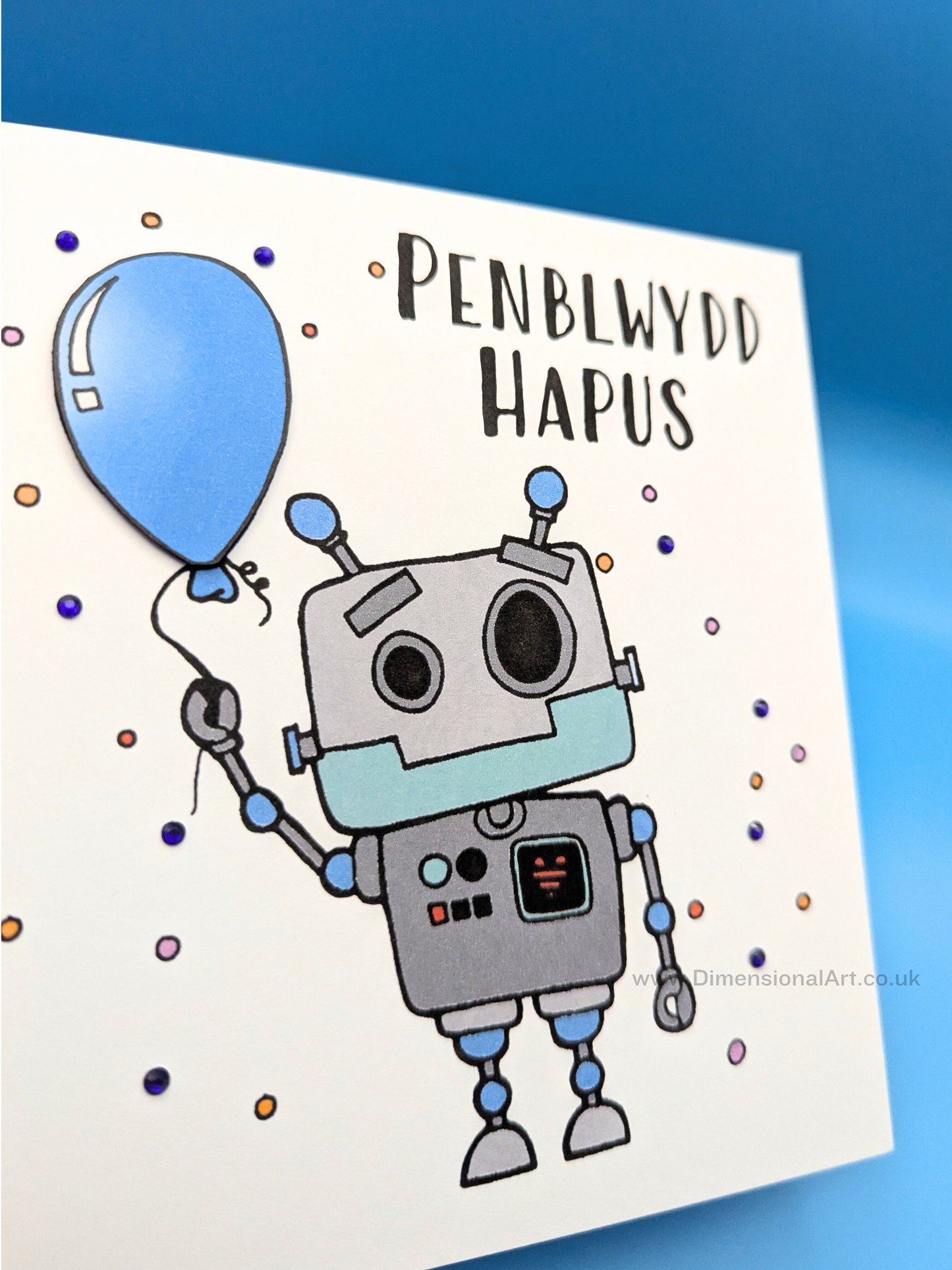 Robot and Balloon Penblwydd (Birthday Card)
