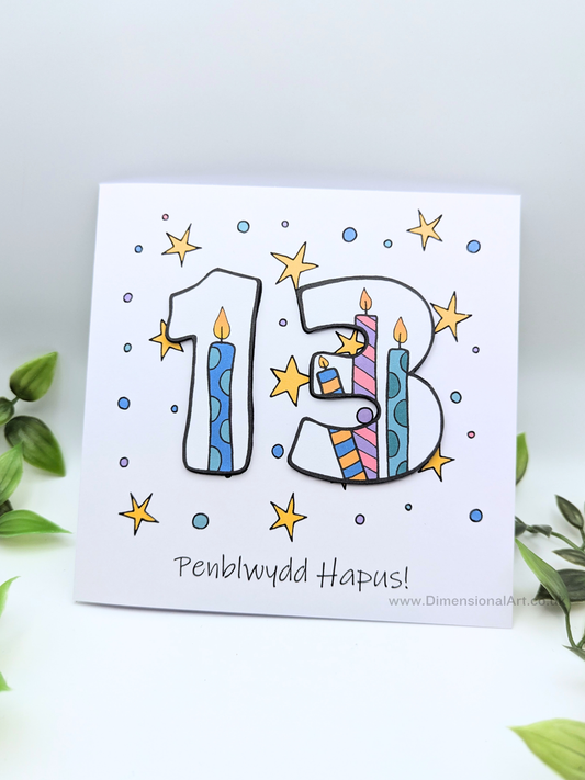 13th Number Candles Penblwydd Hapus (Birthday) Card - Welsh