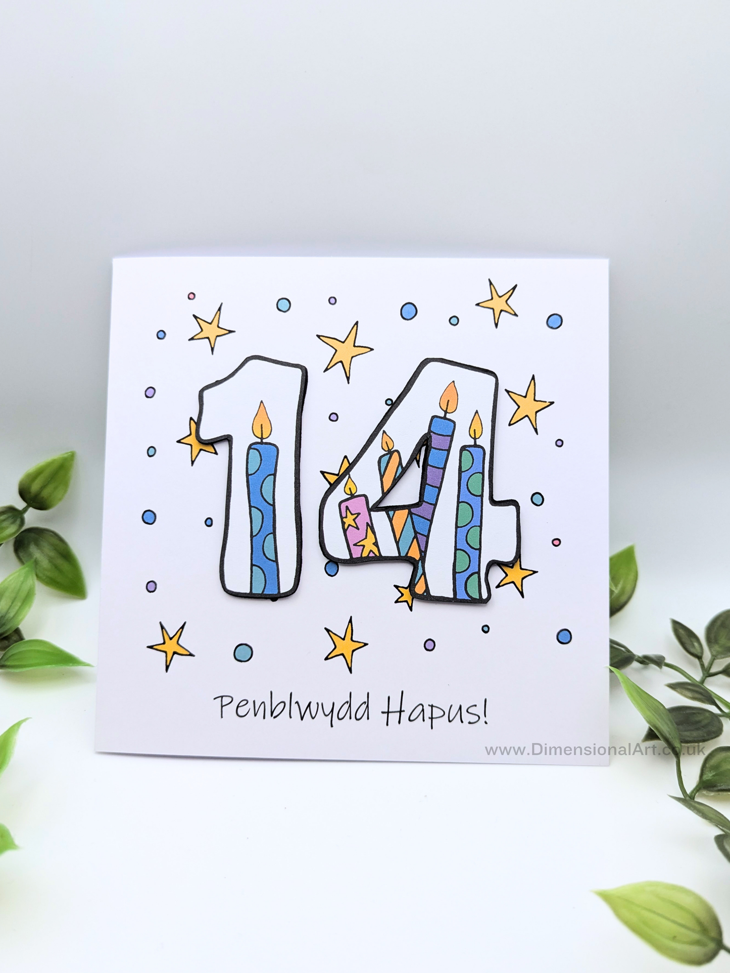 14th Number Candles Penblwydd Hapus (Birthday) Card - Welsh