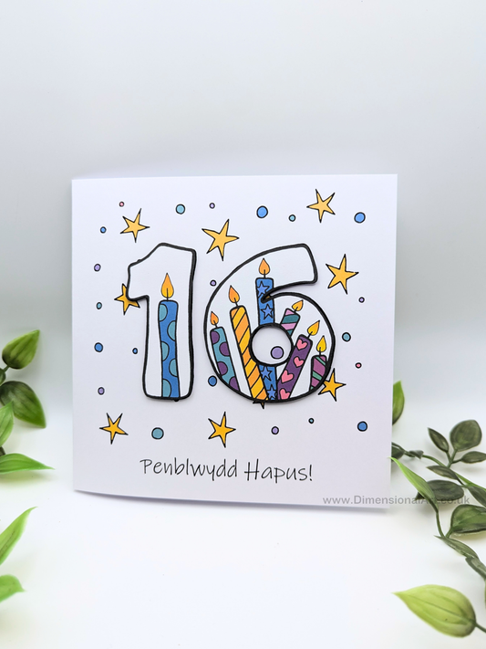 16th Number Candles Penblwydd Hapus (Birthday) Card - Welsh