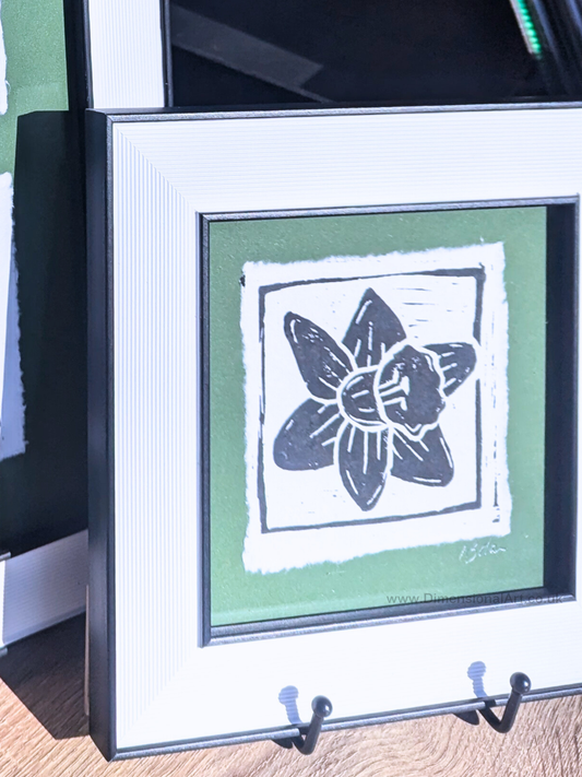 "Daffodil" Linocut Print on Handmade Paper - FRAMED - Wales