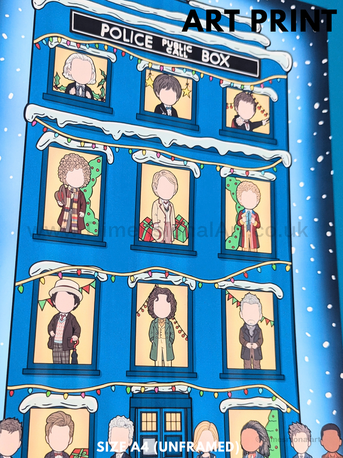 Doctor Who Doctors - Tardis  CHRISTMAS EDITION A4 Print