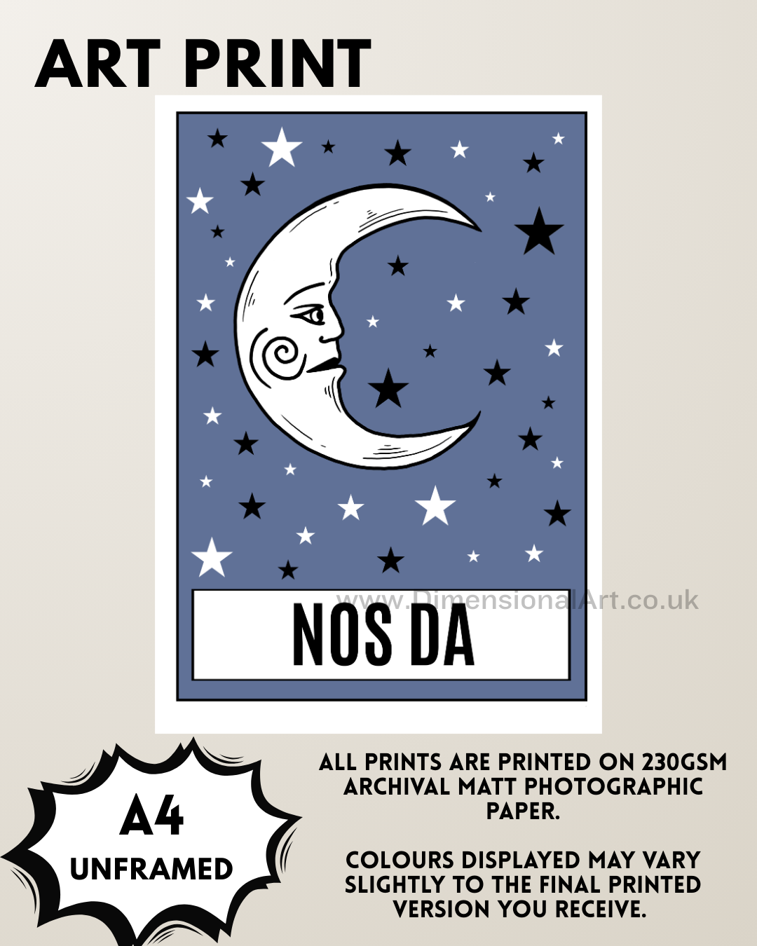 Nos da (Goodnight) A4 Print- Blue - Welsh