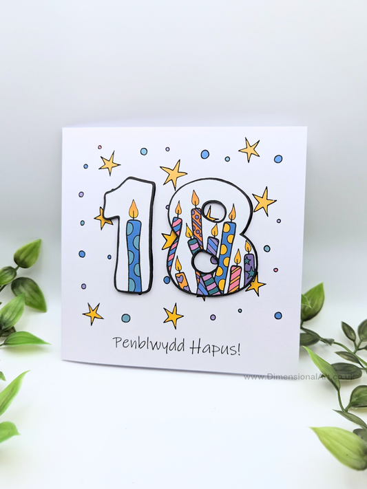 18th Number Candles Penblwydd Hapus (Birthday) Card - Welsh