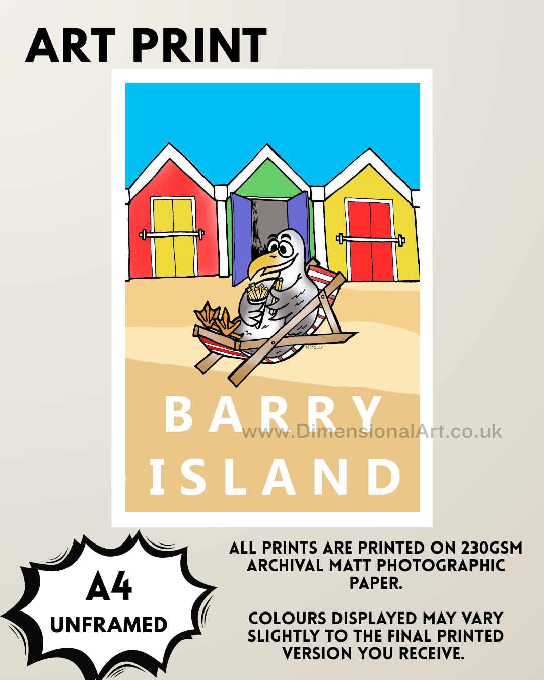 Barry Island Seagull eating chips A4 Print