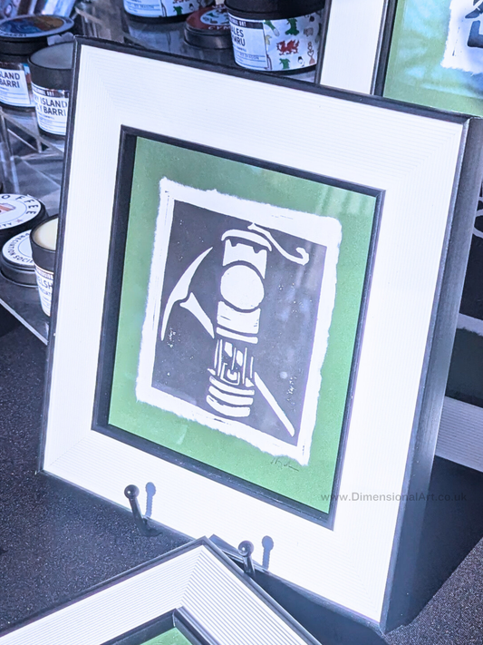 "Davy lamp" Linocut Print on Handmade Paper - FRAMED - Wales
