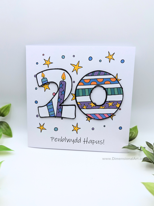 20th Number Candles Penblwydd Hapus (Birthday) Card - Welsh