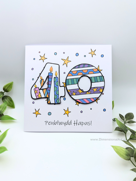 40th Number Candles Penblwydd Hapus (Birthday) Card - Welsh