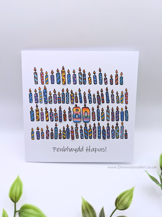 80th Candles Penblwydd Hapus (Birthday) Card 80