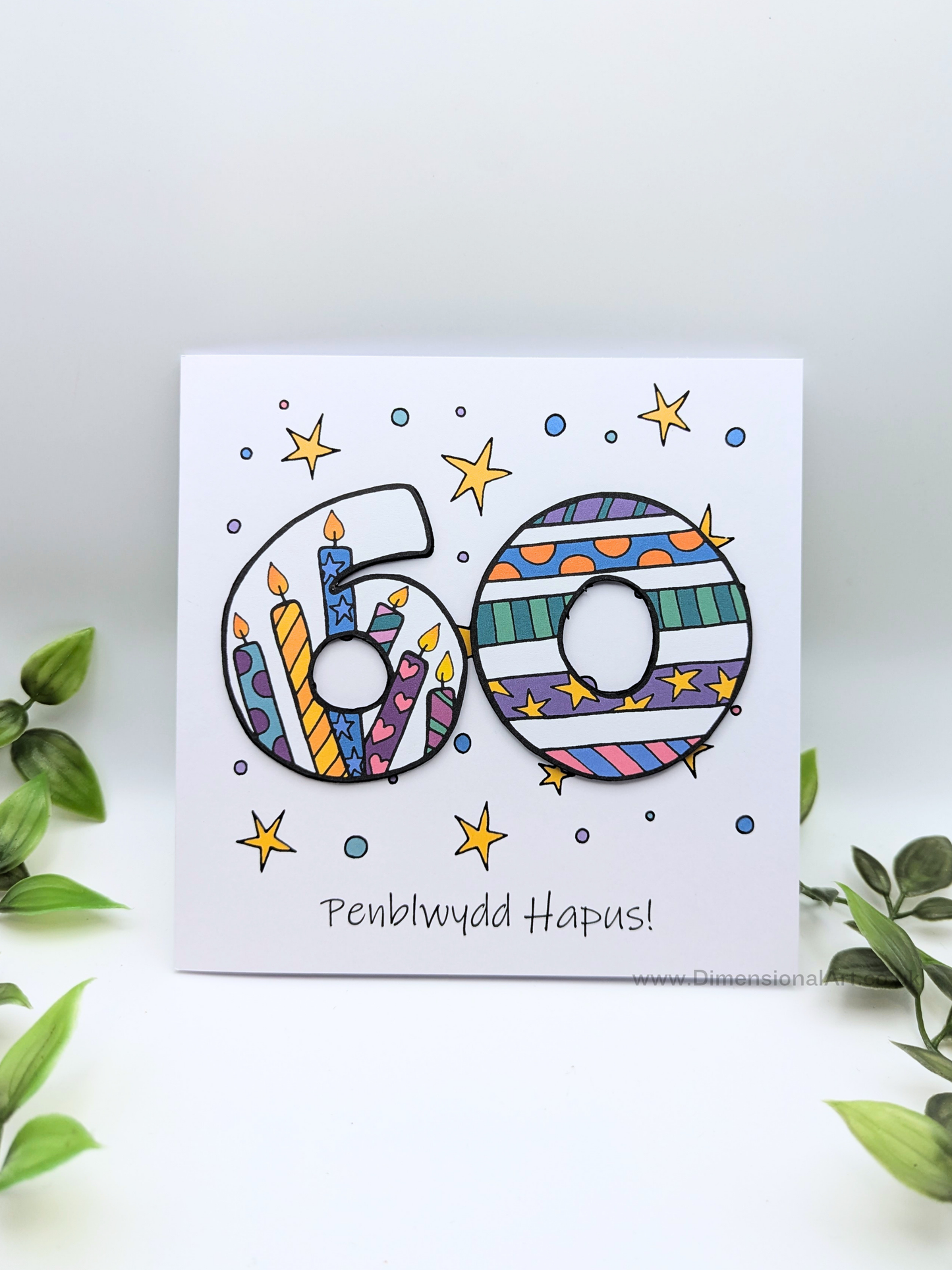 60th Number Candles Penblwydd Hapus (Birthday) Card - Welsh