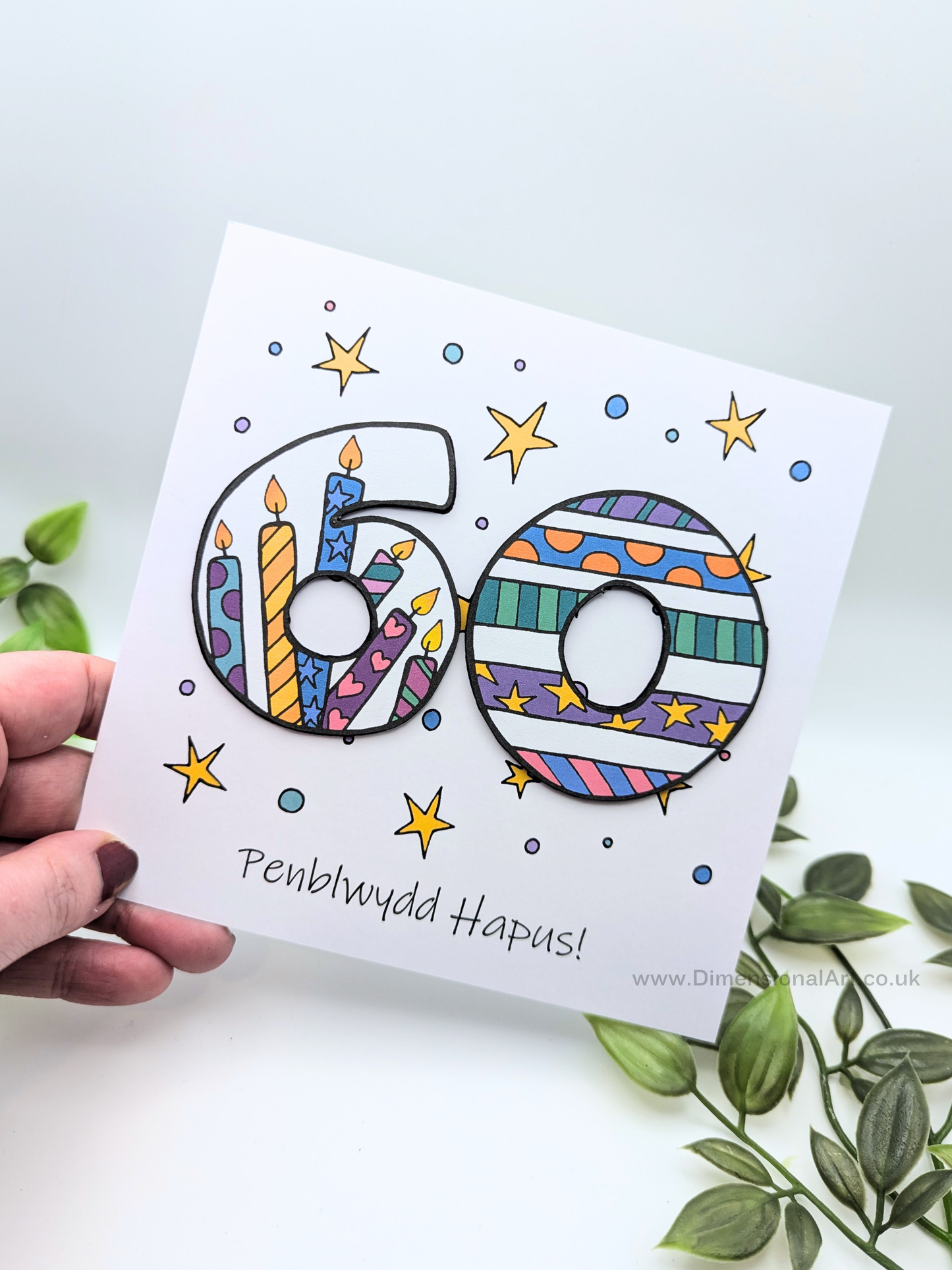 60th Number Candles Penblwydd Hapus (Birthday) Card - Welsh