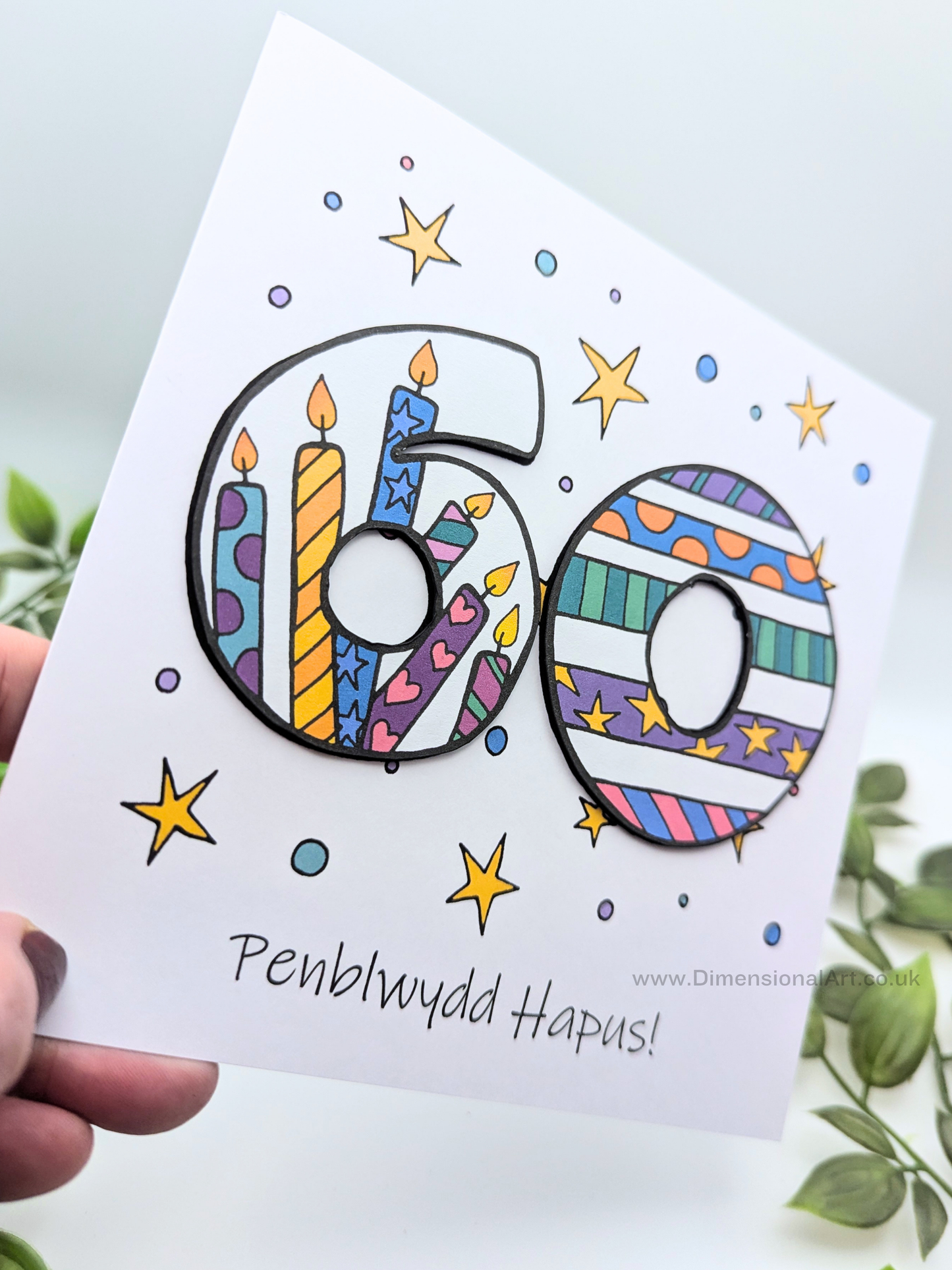 60th Number Candles Penblwydd Hapus (Birthday) Card - Welsh