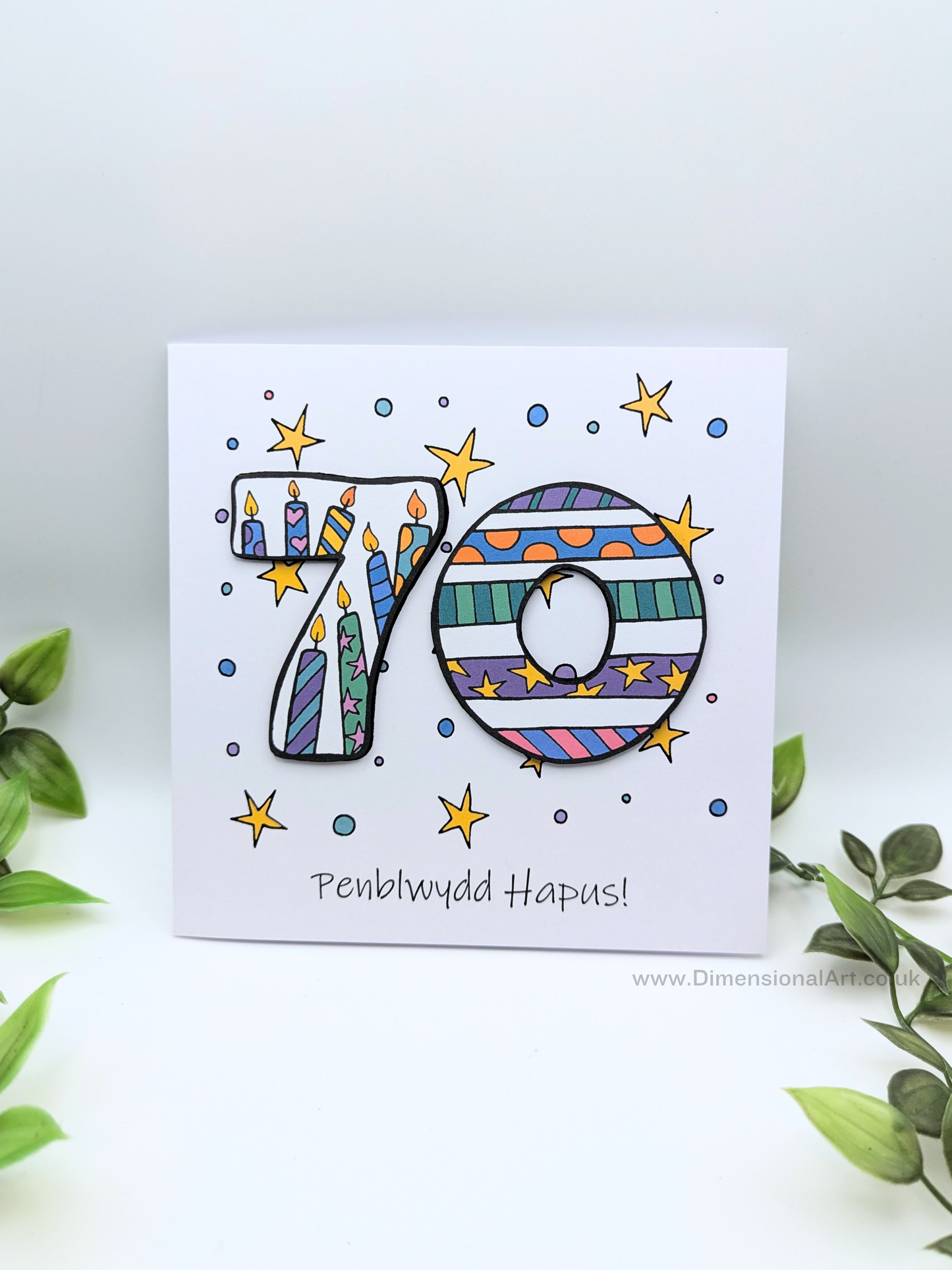 70th Number Candles Penblwydd Hapus (Birthday) Card - Welsh