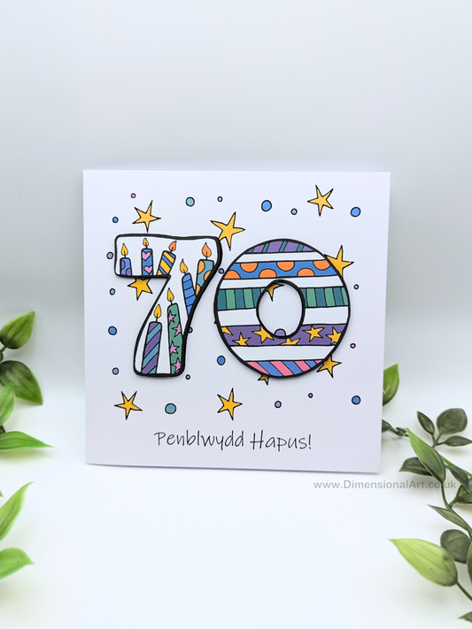 70th Number Candles Penblwydd Hapus (Birthday) Card - Welsh
