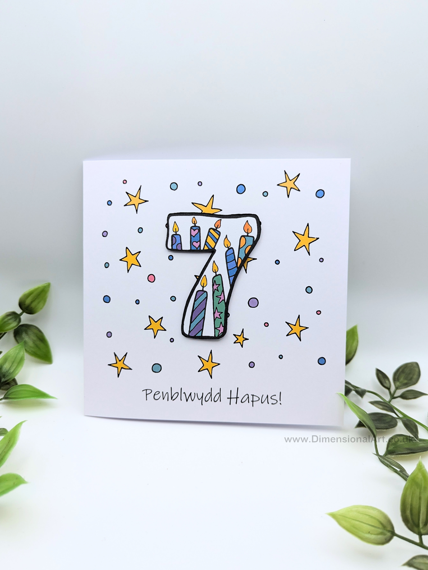 7th Number Candles  Penblwydd Hapus (Birthday) Card - Welsh