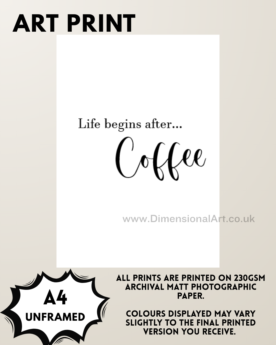Life begins after Coffee A4 Print