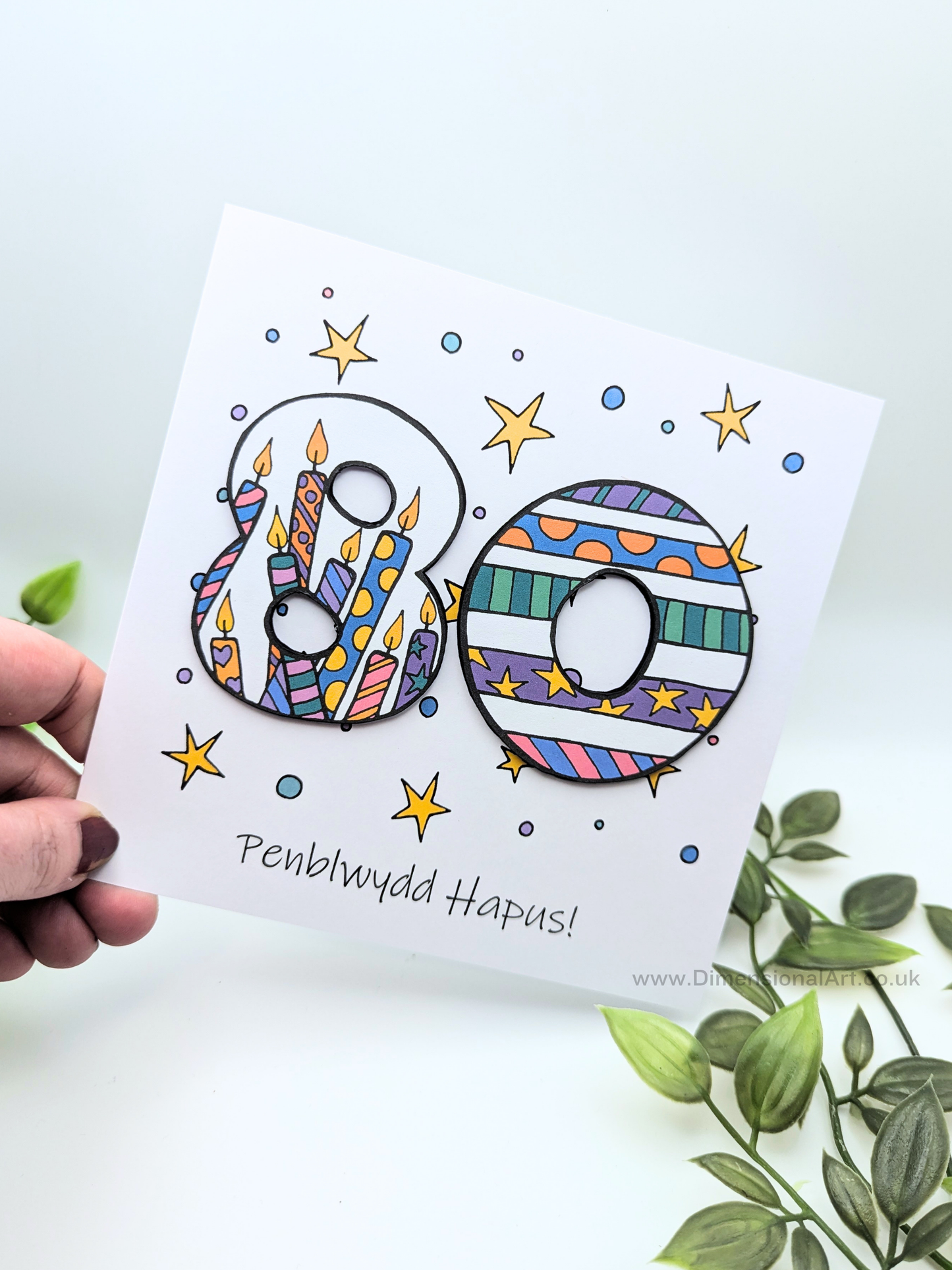 80th Number Candles Penblwydd Hapus (Birthday) Card - Welsh