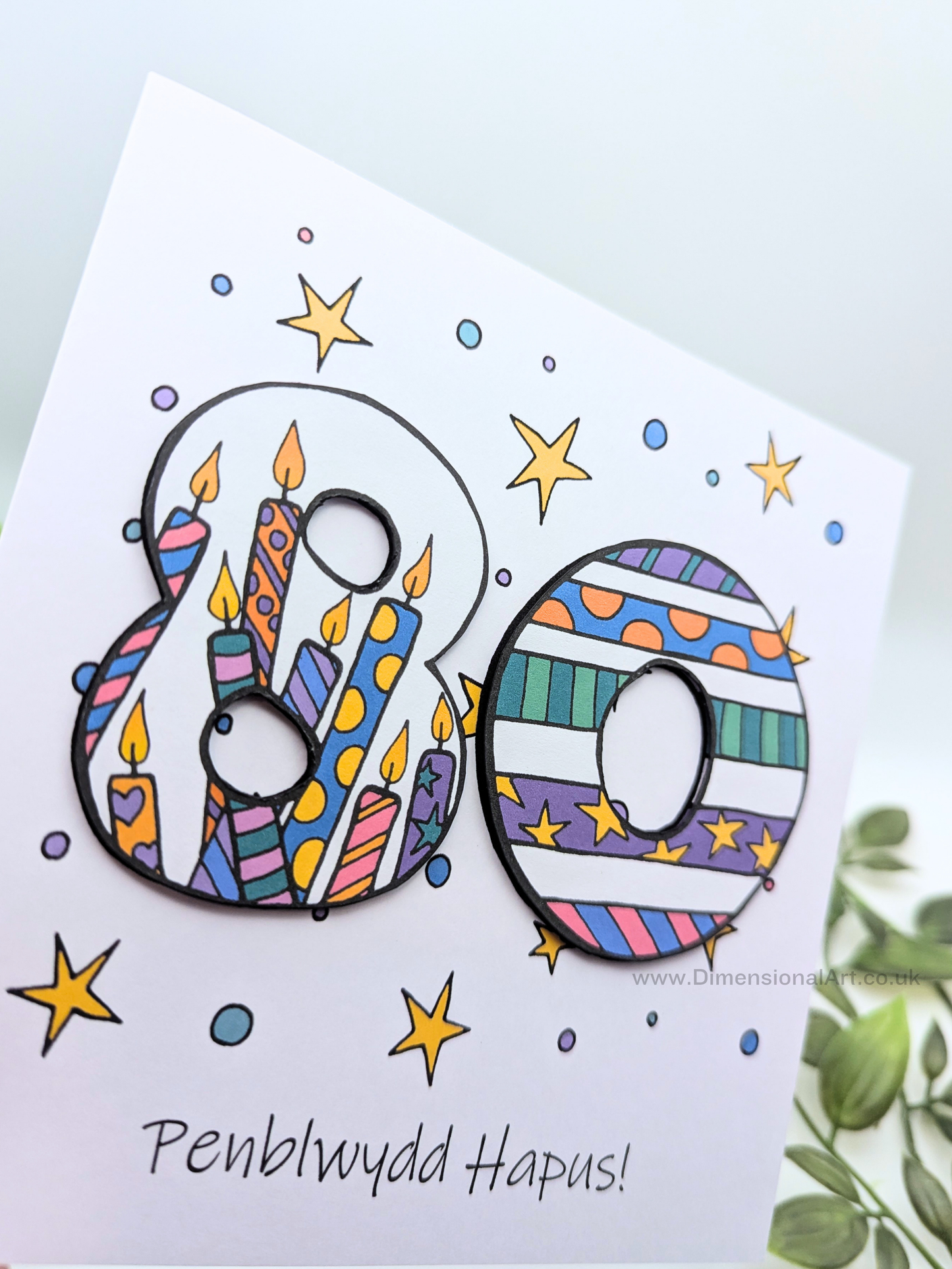 80th Number Candles Penblwydd Hapus (Birthday) Card - Welsh