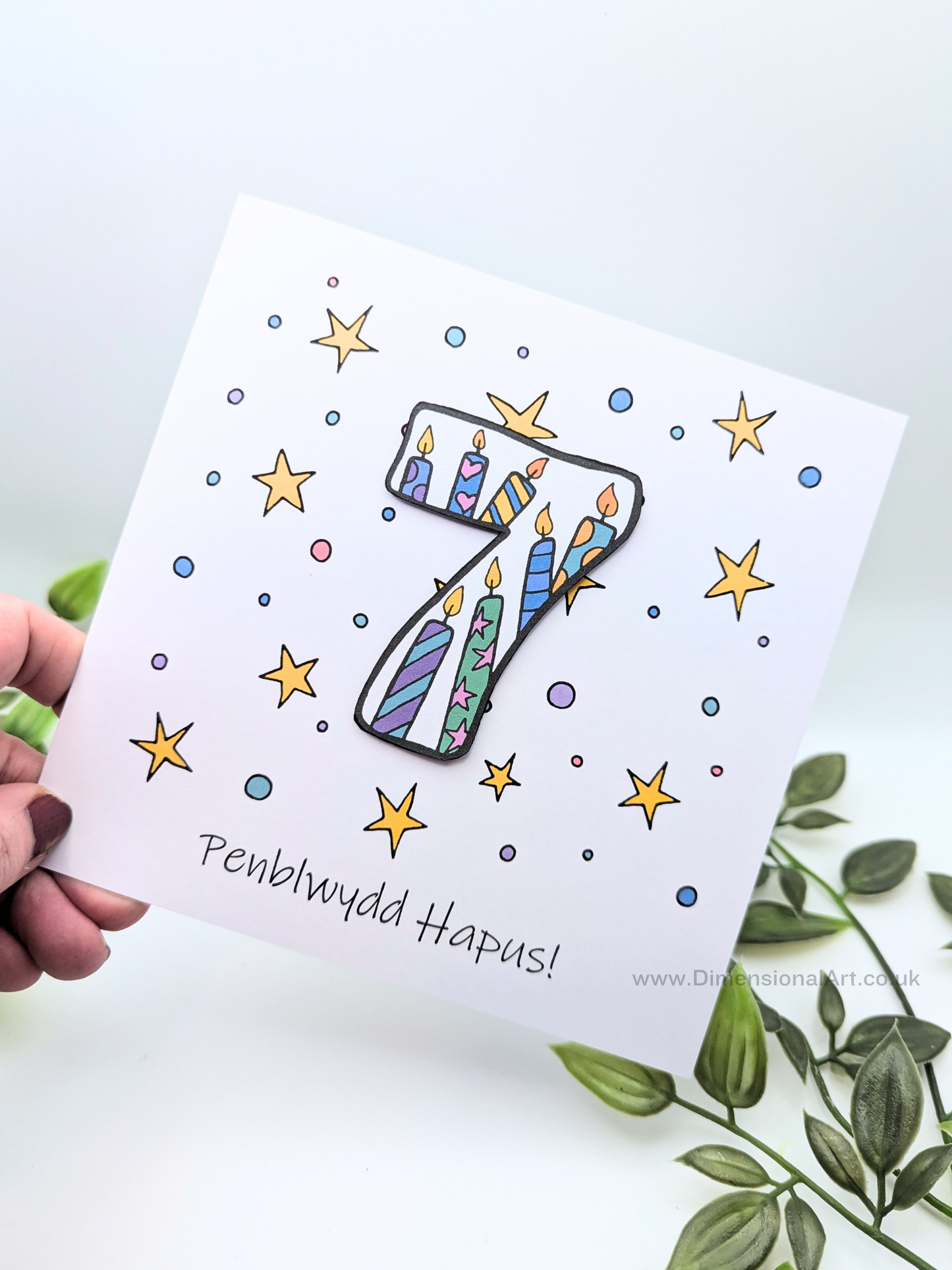 7th Number Candles  Penblwydd Hapus (Birthday) Card - Welsh