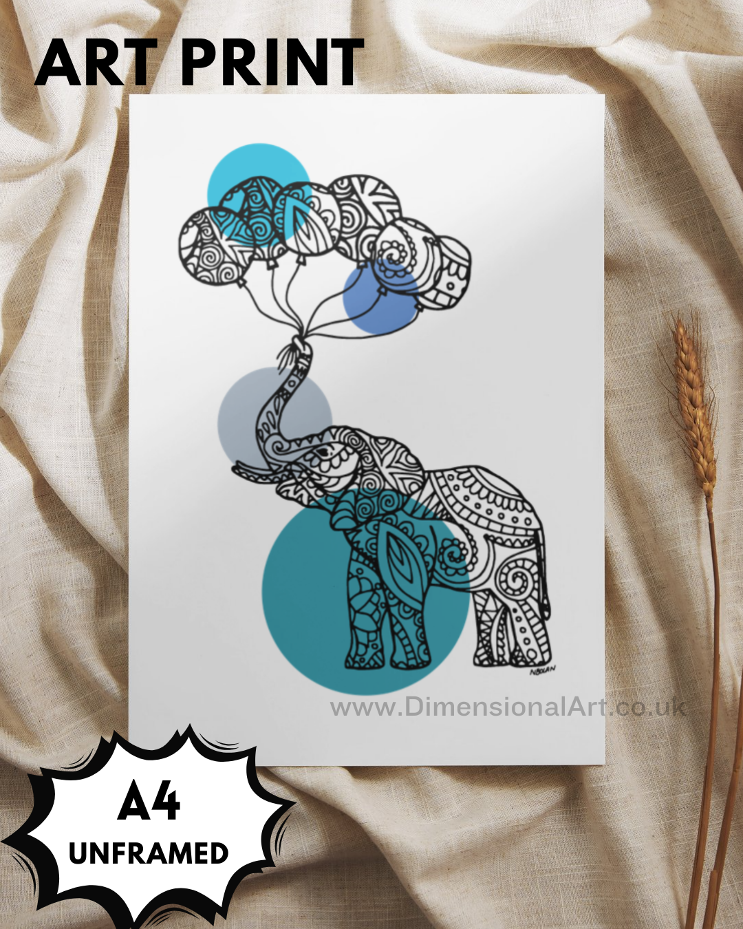 Elephant - blue A4 Print