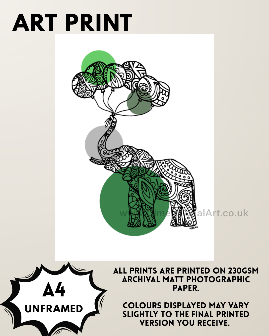 Elephant - green A4 Print