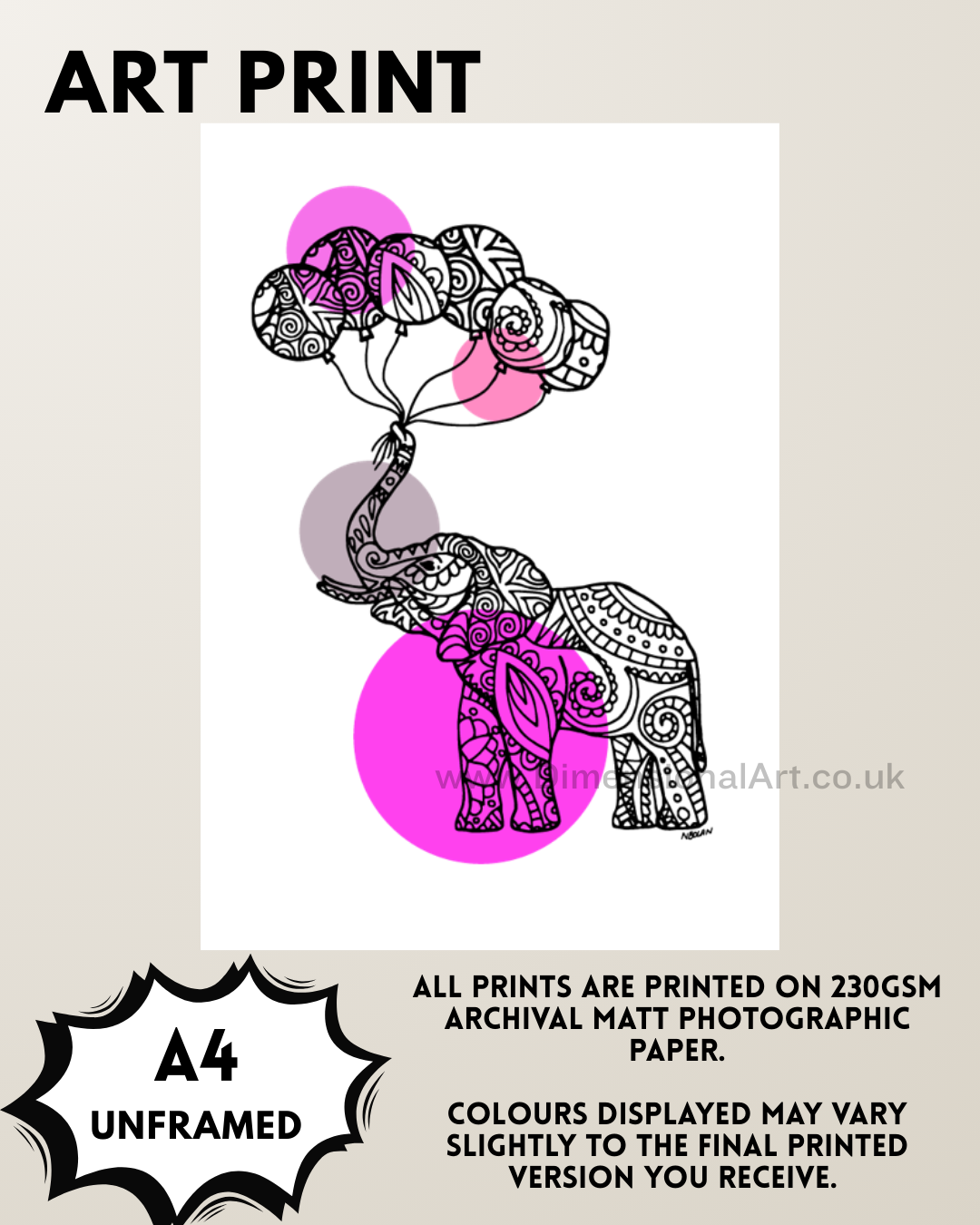 Elephant - pink A4 Print