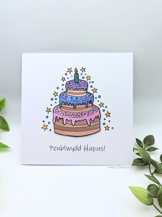 Birthday cake Penblwydd Hapus (Birthday Card) - Welsh