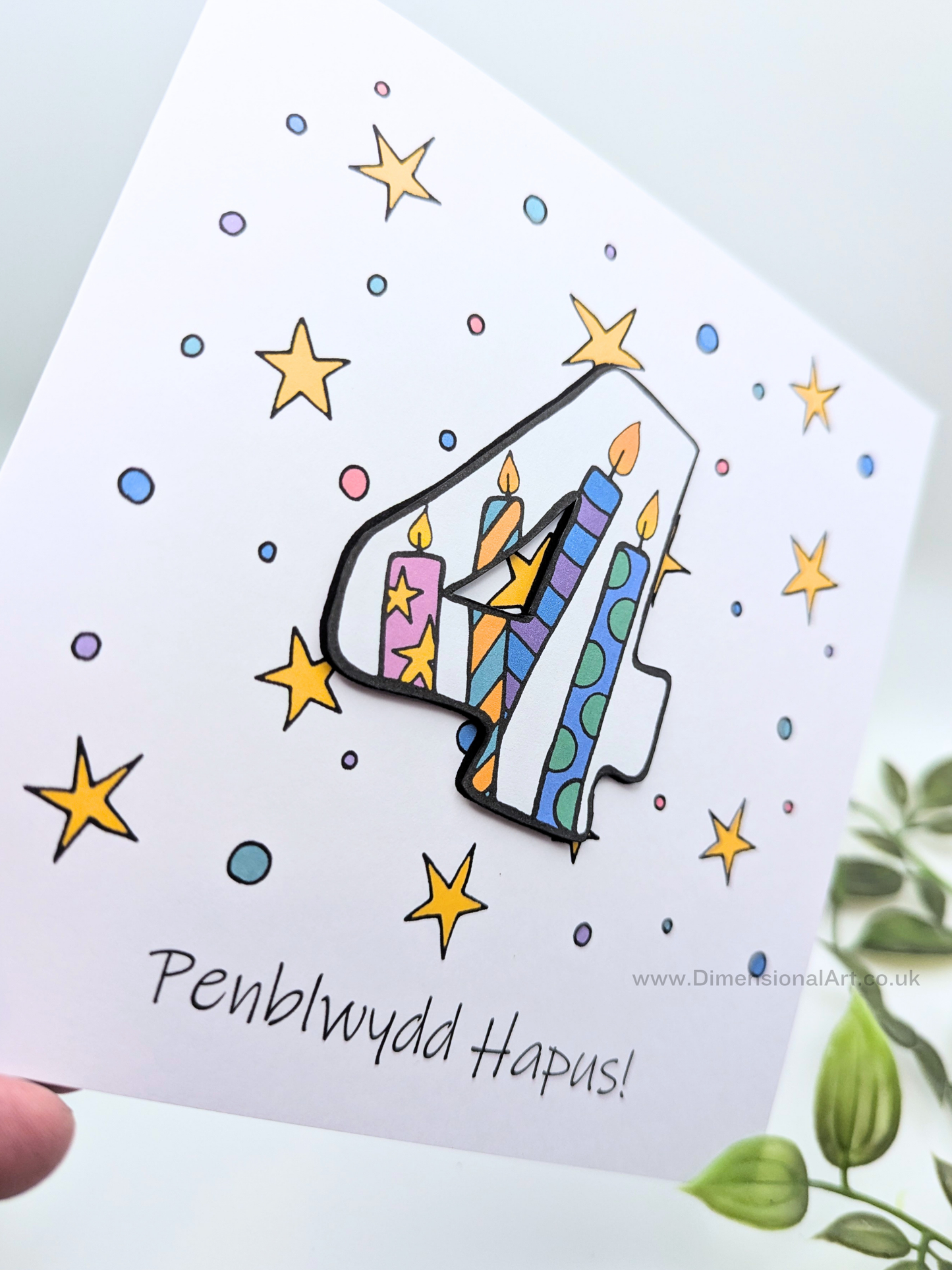 4th Number Candles  Penblwydd Hapus (Birthday) Card - Welsh