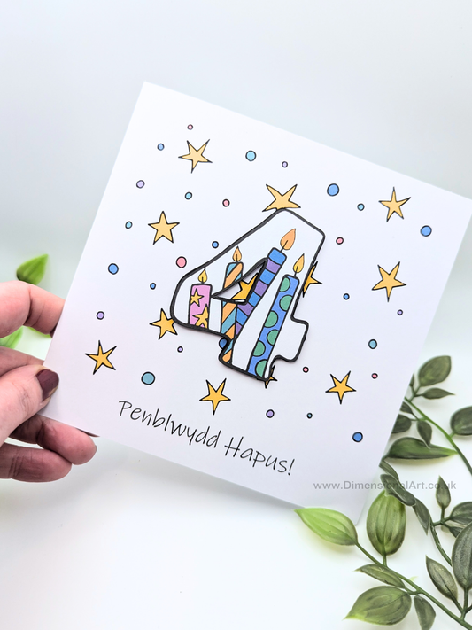 4th Number Candles  Penblwydd Hapus (Birthday) Card - Welsh