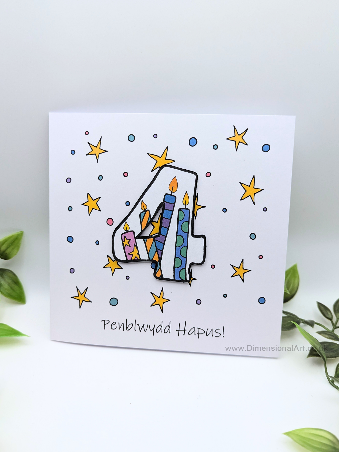 4th Number Candles  Penblwydd Hapus (Birthday) Card - Welsh