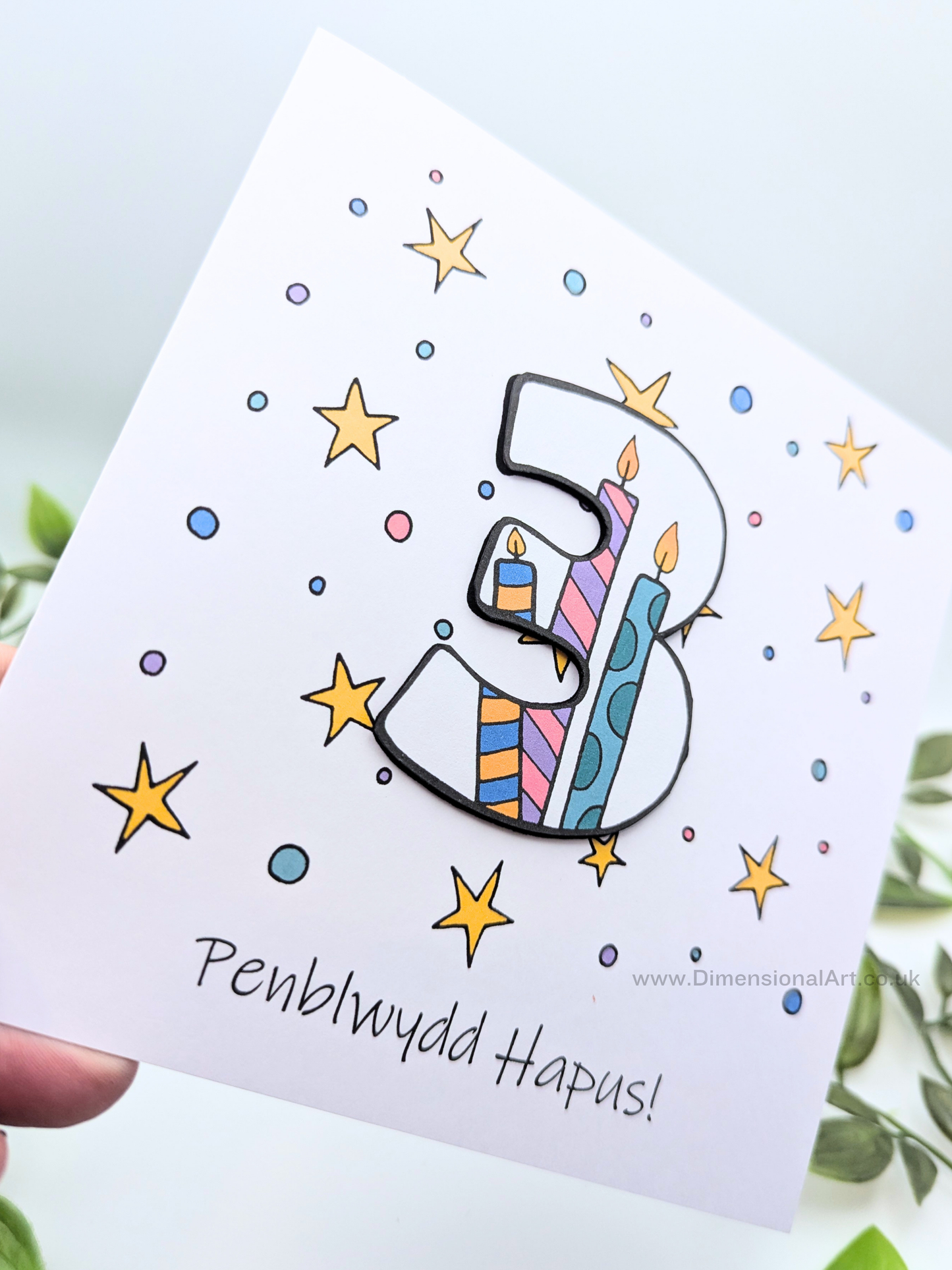 3rd Number Candles  Penblwydd Hapus (Birthday) Card - Welsh