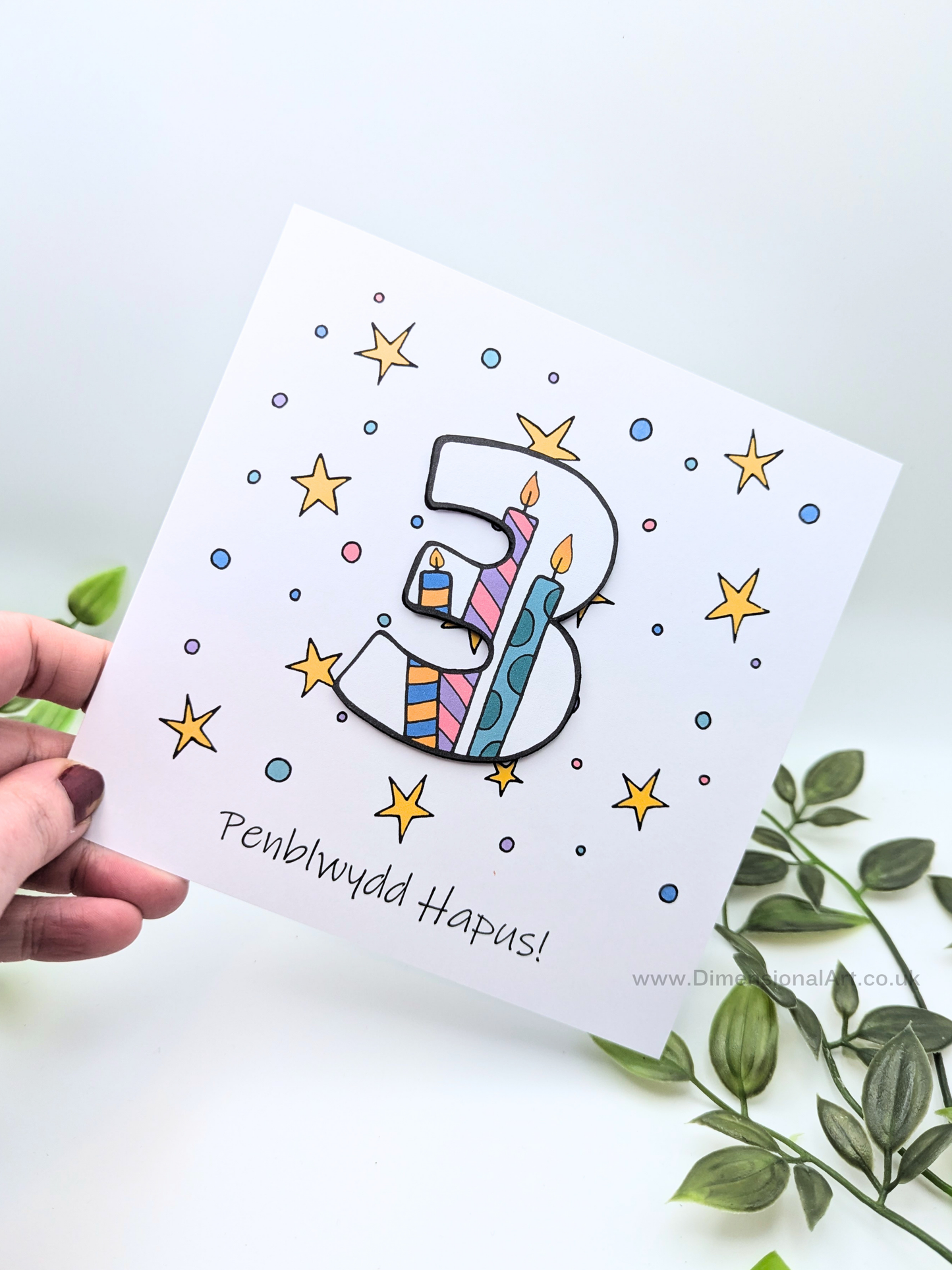 3rd Number Candles  Penblwydd Hapus (Birthday) Card - Welsh