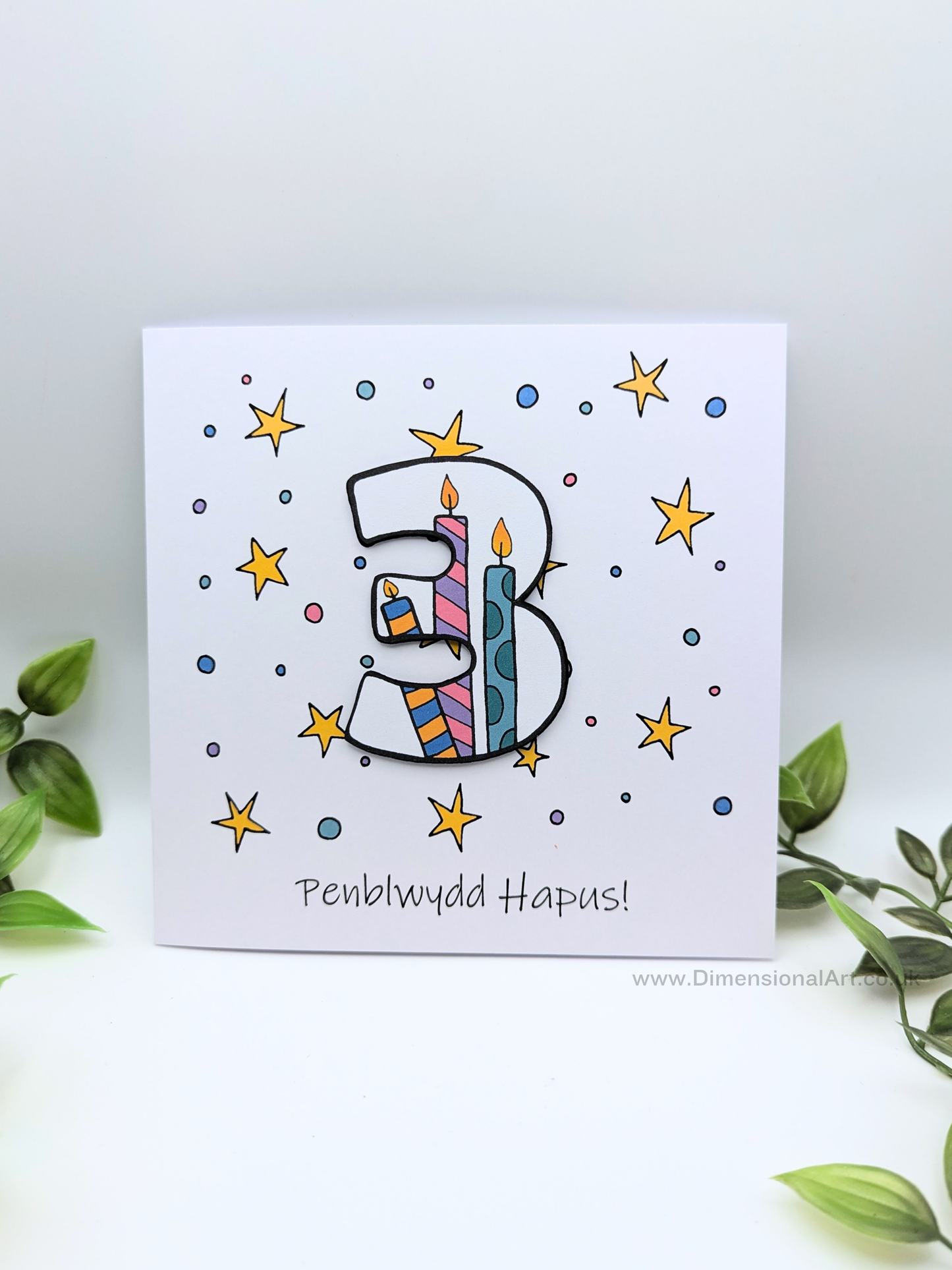 3rd Number Candles  Penblwydd Hapus (Birthday) Card - Welsh