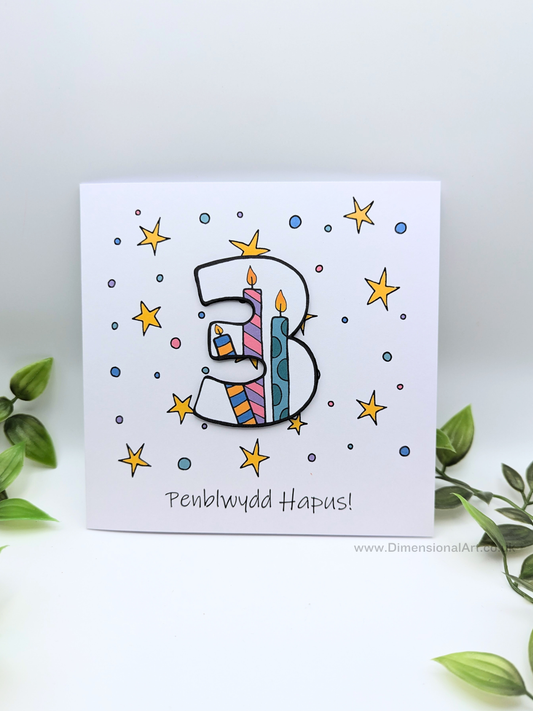 3rd Number Candles  Penblwydd Hapus (Birthday) Card - Welsh