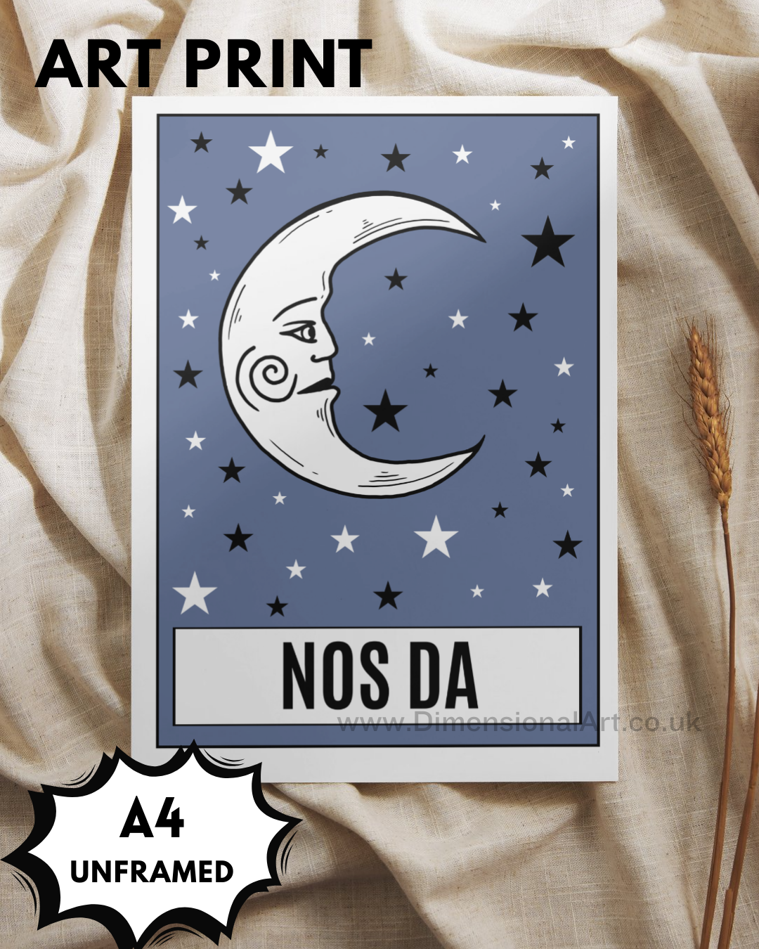 Nos da (Goodnight) A4 Print- Blue - Welsh