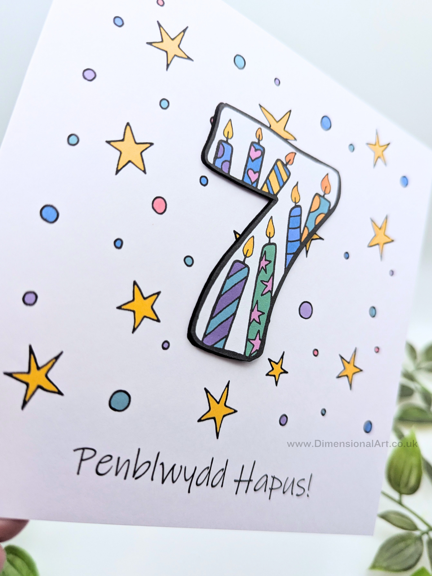 7th Number Candles  Penblwydd Hapus (Birthday) Card - Welsh
