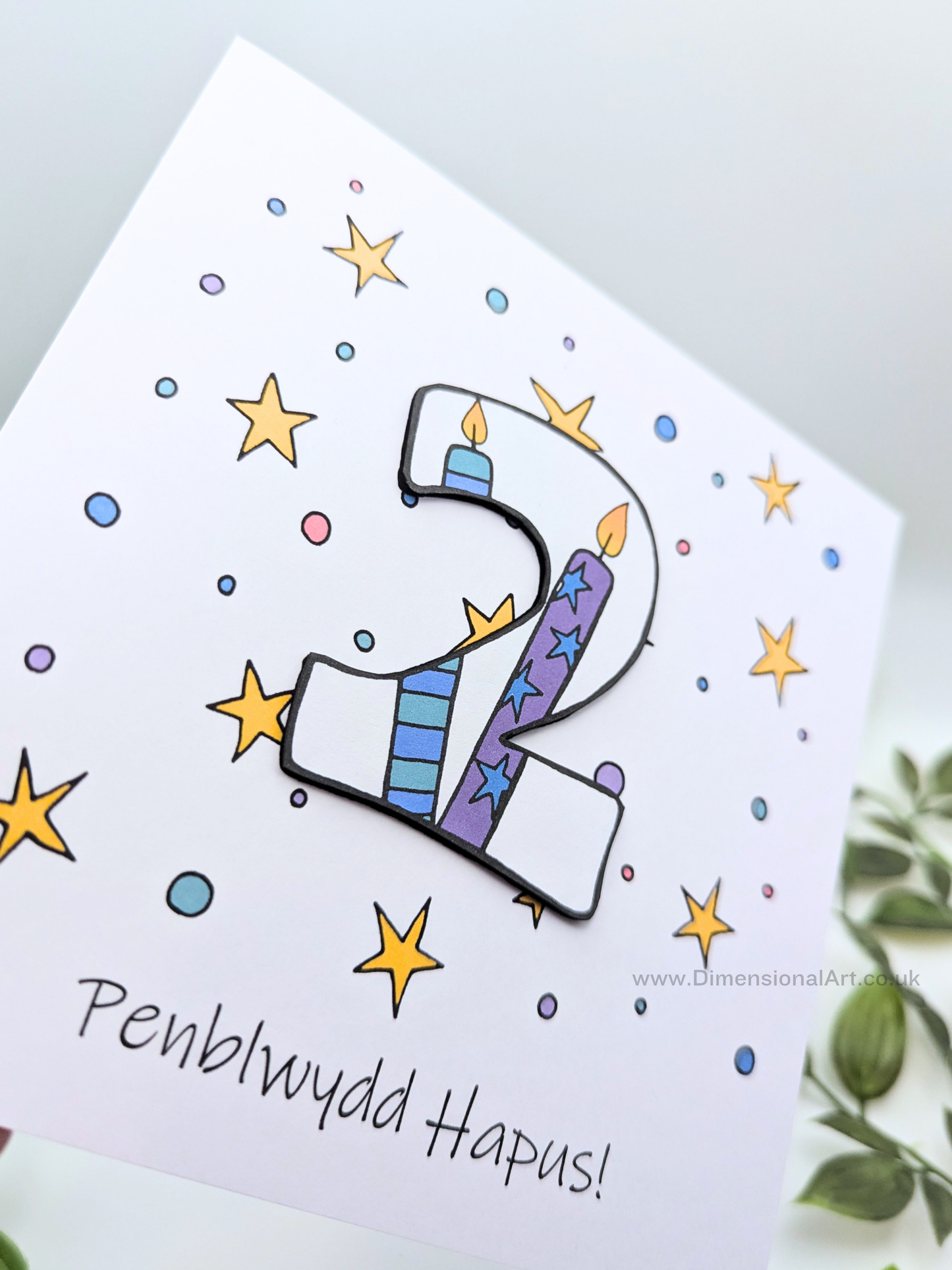 2nd Number Candles  Penblwydd Hapus (Birthday) Card - Welsh
