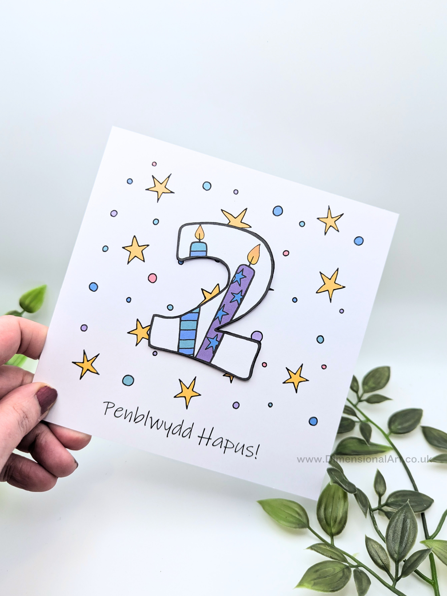 2nd Number Candles  Penblwydd Hapus (Birthday) Card - Welsh