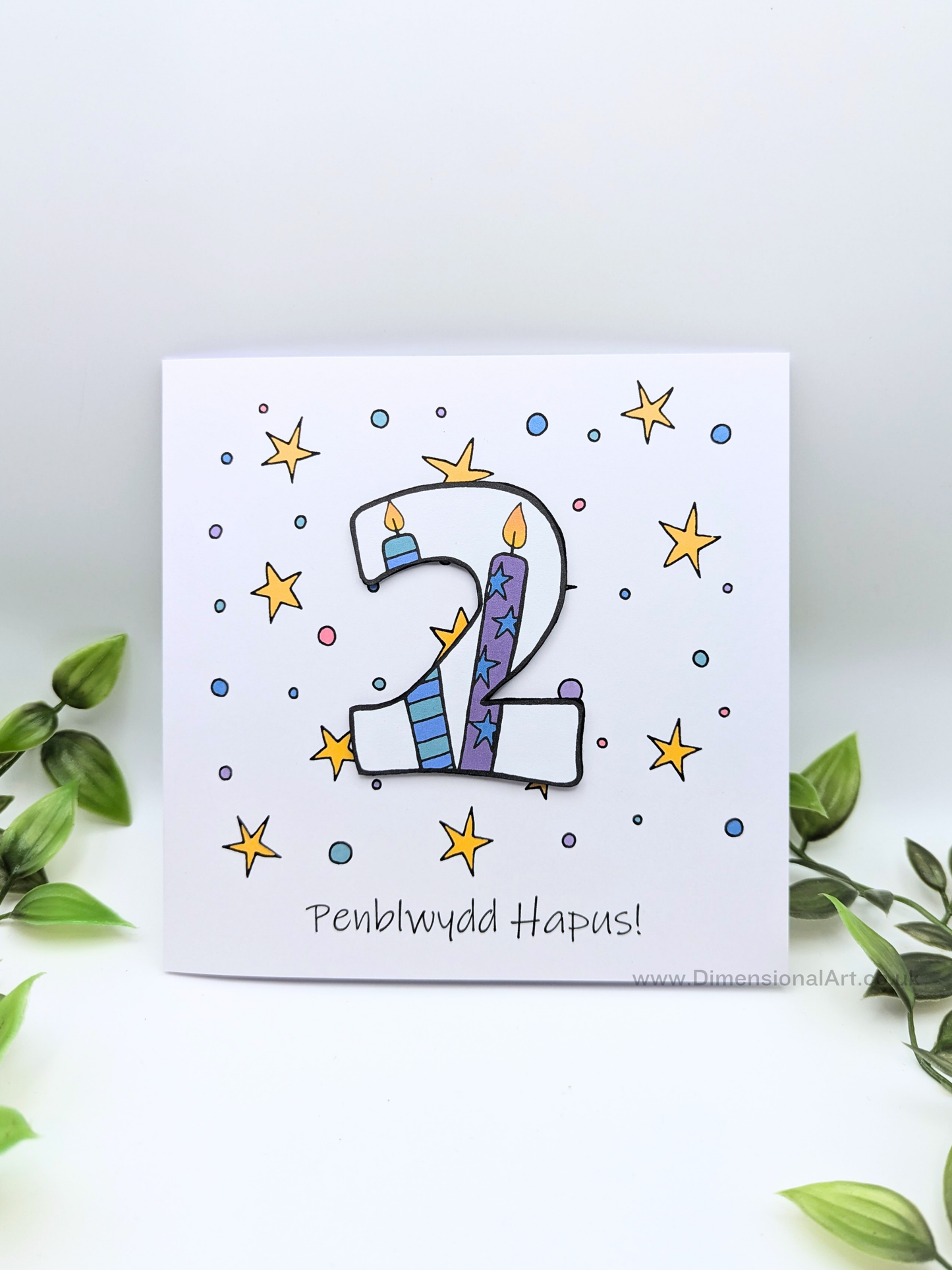 2nd Number Candles  Penblwydd Hapus (Birthday) Card - Welsh