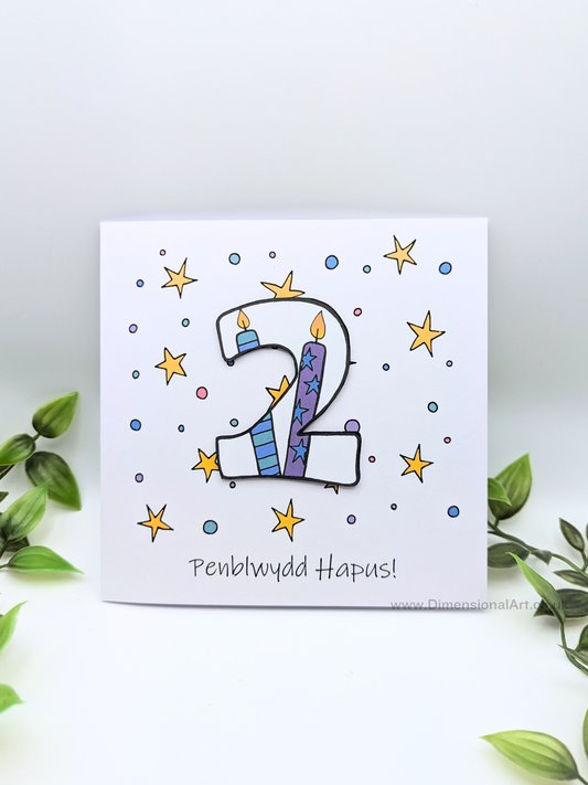 2nd Number Candles  Penblwydd Hapus (Birthday) Card - Welsh