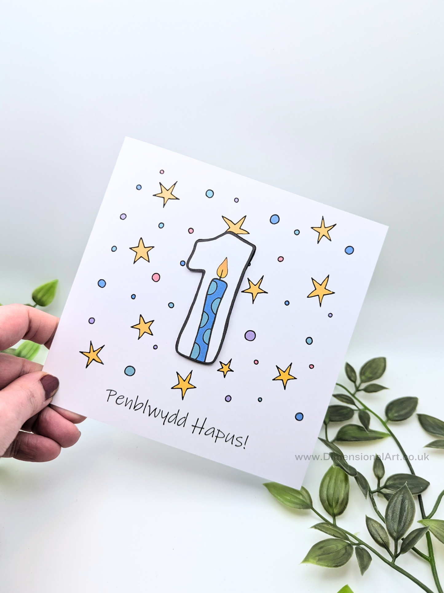 1st Number Candles  Penblwydd Hapus (Birthday) Card - Welsh
