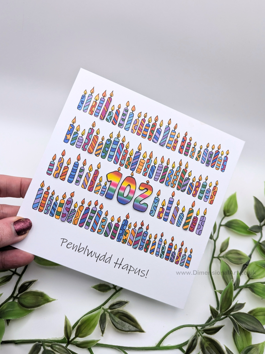 102 Candles Penblwydd Hapus (Birthday Card) 102nd