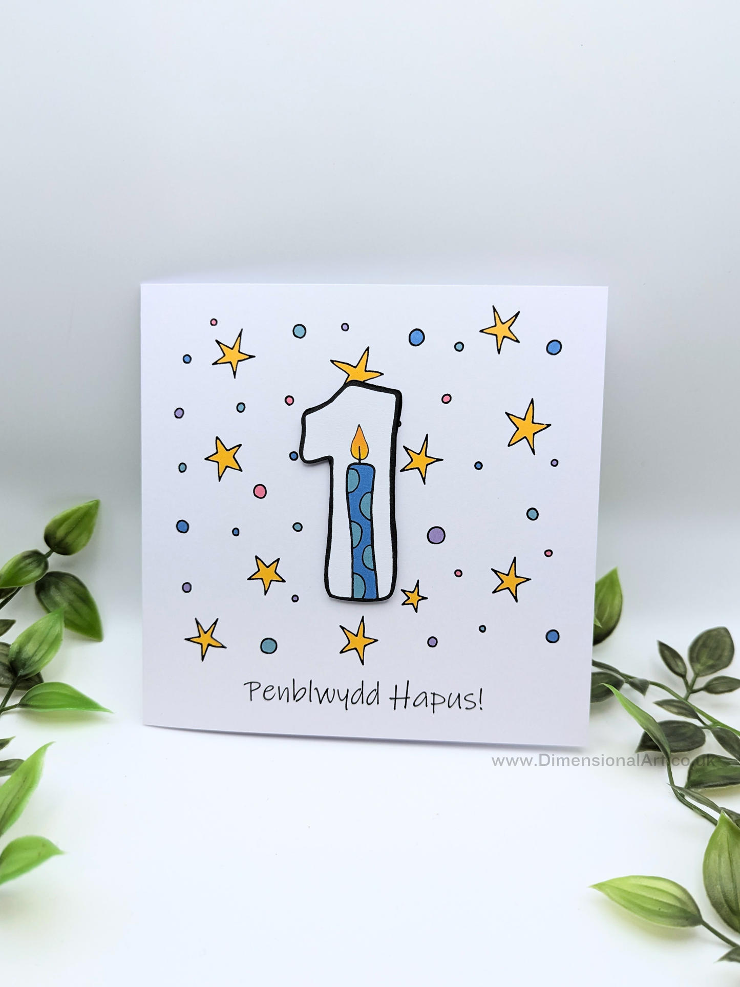 1st Number Candles  Penblwydd Hapus (Birthday) Card - Welsh