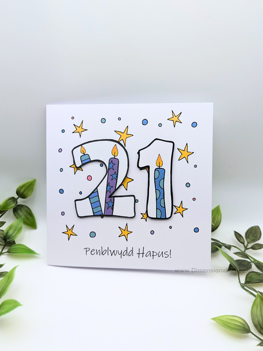 21st Number Candles Penblwydd Hapus (Birthday) Card - Welsh